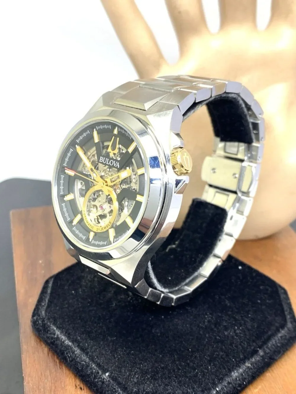 Bulova Maquina Mens Watch 98A224 Automatic Black Skeleton Dial Silver Steel 46mm